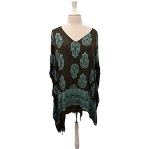 Lakhays Brown & Turquoise Oversized Boho Tunic With Fringe Hemline One Size